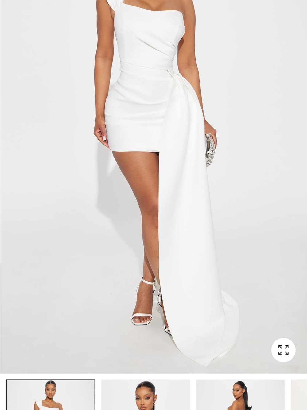 Fashion Nova White One-Shoulder Mini Dress with Draped Side Sash